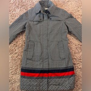 Boden Navy Blue Red Patterned Trench Coat Rain Jacket No Hood US 4